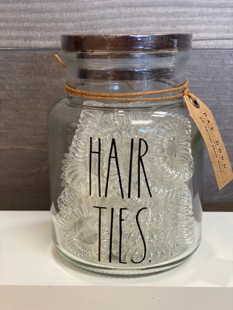 Rae Dunn Bathroom HAIR Small Glass Jar/Canister With 80 Hair Ties 